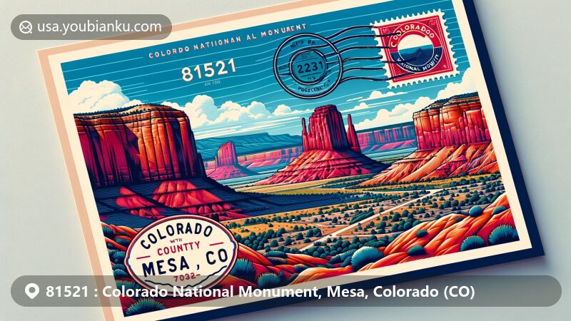 Modern illustration of the Colorado National Monument in Mesa County, Colorado, featuring red rock canyons, monoliths, and state symbols, with a postcard theme and ZIP code 81521.