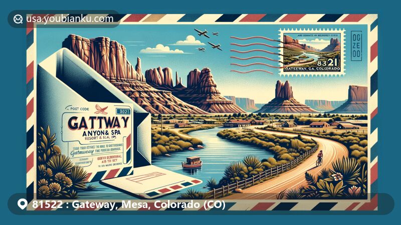 Modern illustration of Gateway, Mesa, Colorado (CO), showcasing postal theme with ZIP code 81522, featuring Gateway Canyons Resort & Spa, iconic rock formations, tranquil Dolores River, and vintage air mail envelope.