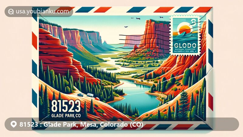 Modern illustration of Glade Park, Colorado, featuring a mail envelope with ZIP code 81523, showcasing Colorado National Monument, Piñon Mesa, and Enochs Lake.