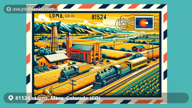 Modern illustration of Loma, Mesa County, Colorado, showcasing agricultural heritage with railway and crops like sugar beets and potatoes, featuring Colorado River for recreational activities, historical references like Loma Community Church and yellow brick Loma School, framed in airmail envelope border with Colorado state flag stamp and 'Loma, CO 81524'.