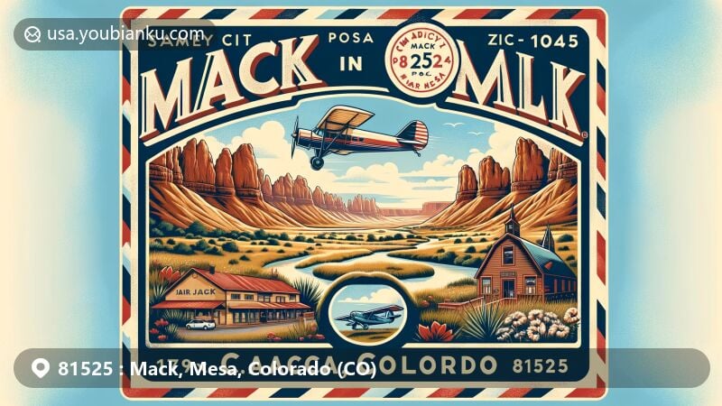 Modern illustration of Mack, Mesa, Colorado, featuring vintage air mail envelope frame symbolizing travel and communication, showcasing natural landscape, Country Jam Ranch, Mack Post Office since 1904, Colorado National Monument, Mack Mesa Airport with airplane, vibrant colors.