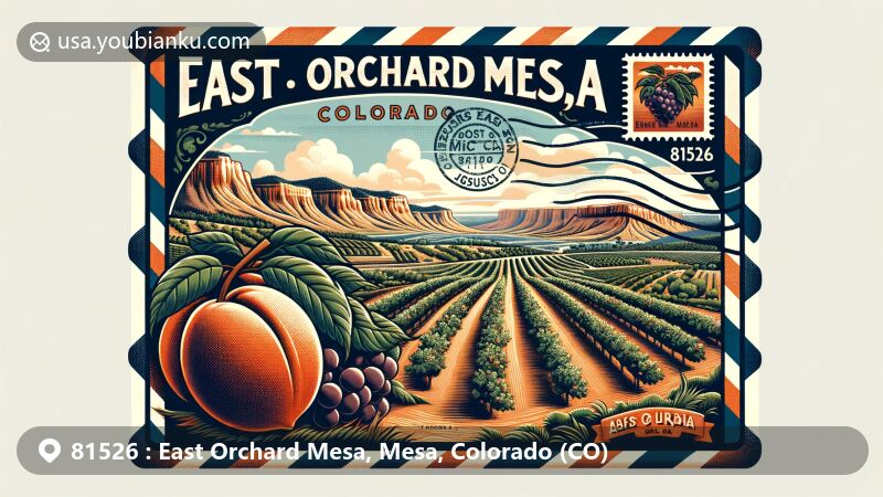 Modern illustration of East Orchard Mesa, Mesa County, Colorado, highlighting agricultural heritage with fruit orchards and vineyards, featuring vintage postcard theme with ZIP code 81526, including Grand Mesa and Bookcliff mountains.