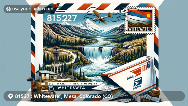 Modern illustration of Whitewater, Mesa County, Colorado, showcasing postal theme with ZIP code 81527, featuring Gunnison River, Land's End Observatory, and Colorado state flag.