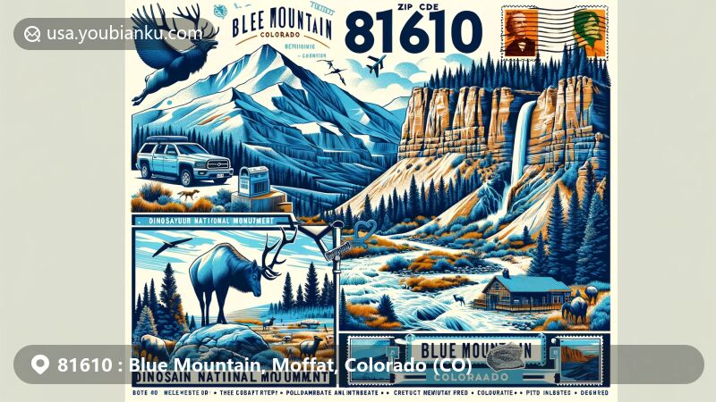 Modern illustration of Blue Mountain, Colorado, depicting the natural beauty and regional features of ZIP Code 81610, highlighting Dinosaur National Monument with canyons, prehistoric themes, and local wildlife like elk.