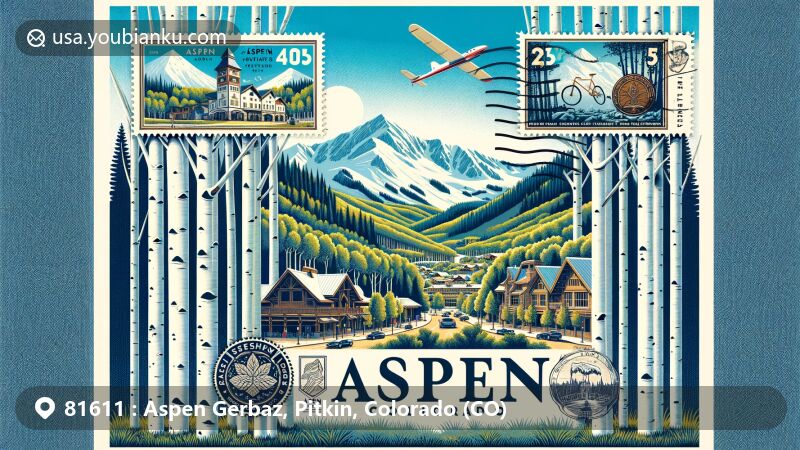 Modern illustration of Aspen, Pitkin County, Colorado, showcasing ZIP code 81611, featuring aspen trees, Rocky Mountains, silver mining theme, ski resort symbols, Aspen Art Museum, Wheeler Opera House, and Aspen Music Festival.