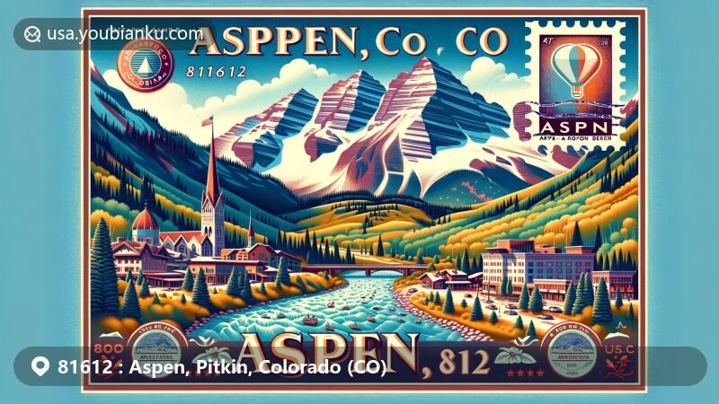 Modern illustration of Aspen, Colorado, showcasing postal theme with ZIP code 81612, featuring Maroon Bells, Roaring Fork River, aspen trees, Aspen Art Museum, and Pitkin County.