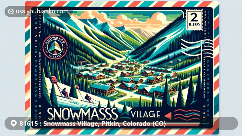 Modern illustration of Snowmass Village, Pitkin County, Colorado, capturing the beauty of Snowmass Mountain and forested surroundings, highlighting skiing and mountain biking activities and Snowmass Resort.