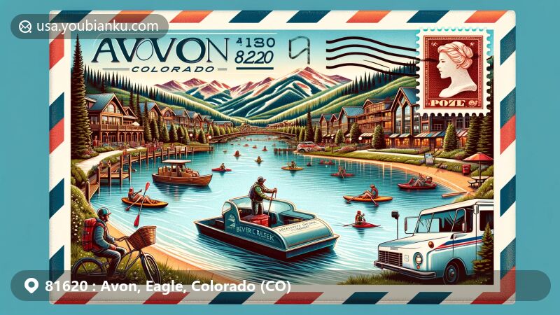 Modern illustration of Avon, Eagle County, Colorado, highlighting the outdoor lifestyle and iconic landmarks like Beaver Creek Resort and Nottingham Lake, with vintage postage elements and ZIP code 81620.