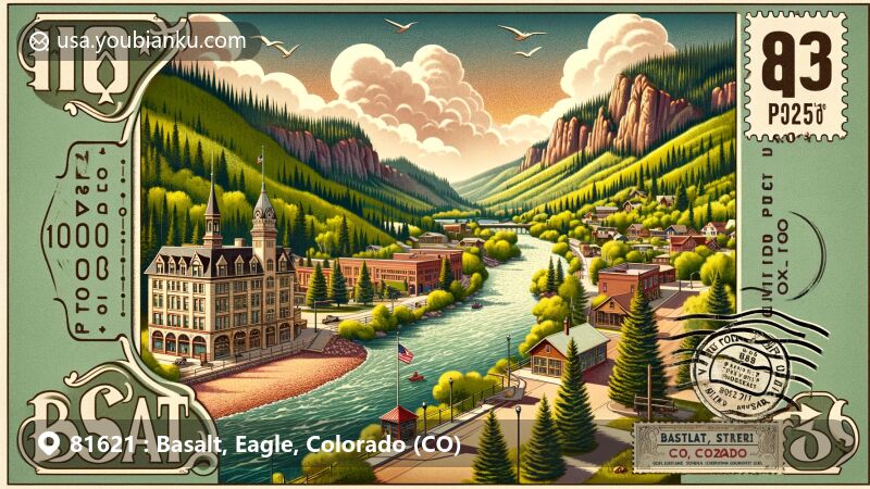 Modern illustration of Basalt, Colorado, showcasing the scenic beauty of the Roaring Fork Valley, Frying Pan River, Ruedi Reservoir, historic architecture, and basaltic rock formations, with vintage postal theme elements and ZIP code 81621.