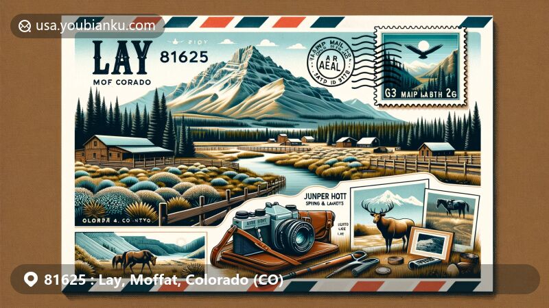 Modern illustration of Lay, Moffat County, Colorado, capturing essence of rural community with postal theme featuring Lay Peak and Juniper Hot Springs.
