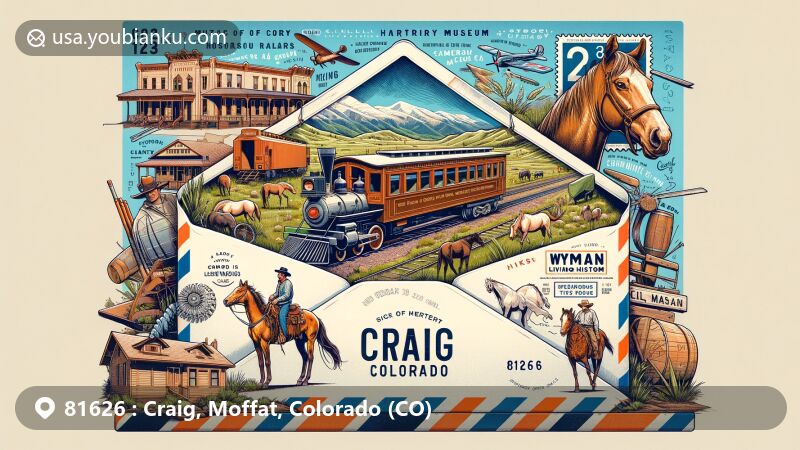 Modern illustration of Craig, Colorado, highlighting unique geographical features and postal heritage, showcasing landmarks like Northwest Colorado Museum and Wyman Living History Museum, vintage Marcia Car, wild horses from Sand Wash Basin, and hiking symbols.