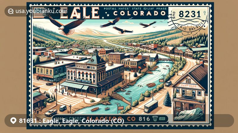 Modern illustration of Eagle, Colorado, emphasizing ZIP code 81631, capturing historic downtown area, natural surroundings like Eagle River & Sylvan Lake State Park, and outdoor activities like mountain biking & hiking.