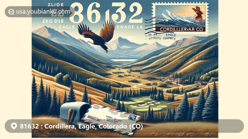Modern illustration of Cordillera, Eagle, Colorado, capturing ZIP code 81632 area with Rocky Mountains, aspen groves, and meadows, featuring Cordillera Mountain Course and vintage air mail envelope.