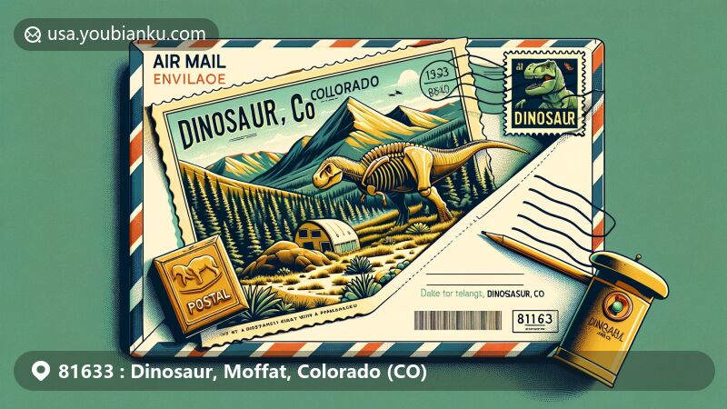 Modern illustration of Dinosaur, Moffat County, Colorado, representing postal code 81633, featuring air mail envelope with postcard displaying majestic mountains, dense forests, and a prominent dinosaur fossil.