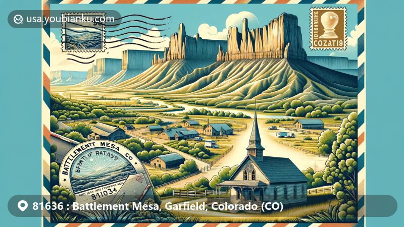 Modern illustration of Battlement Mesa, Colorado, in Garfield County, highlighting postal theme with ZIP code 81636, featuring Battlement Mesas, Colorado River, and historic Schoolhouse.