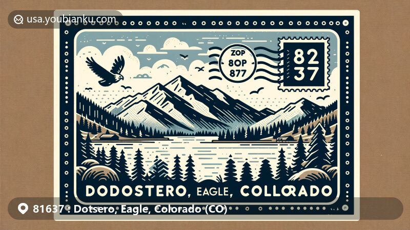 Modern illustration of Dotsero, Eagle County, Colorado, showcasing postal theme with ZIP code 81637, featuring the iconic mountains and forests of the region.