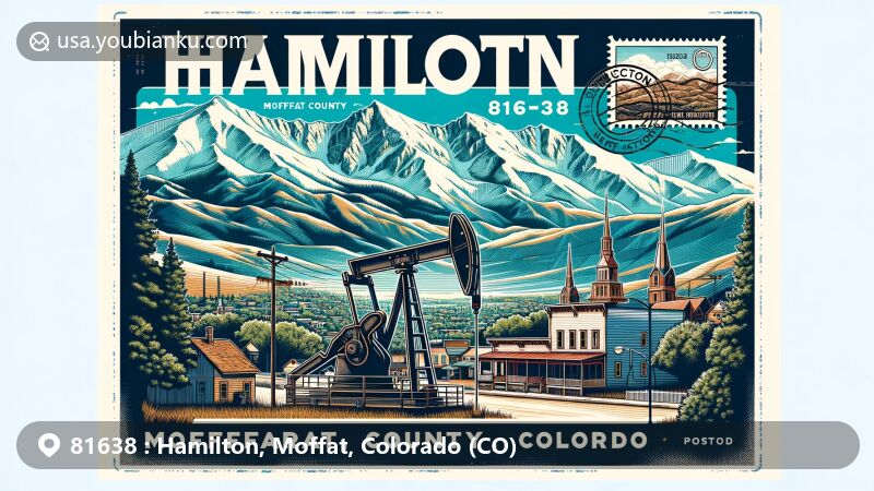 Modern illustration of Hamilton, Moffat County, Colorado, blending history and geography elements with Rocky Mountains view, oil derrick symbolizing energy boom, vintage postcard layout, and postal theme incorporating ZIP code 81638.
