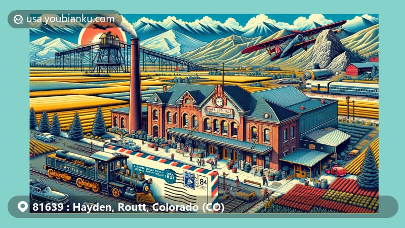 Illustration of Hayden, Routt County, Colorado, depicting historical elements and postal themes, featuring coal mining and agriculture scenes, antique coal mine entrance, and agricultural fields. Highlighting Hayden's cultural heritage, with Hayden Heritage Center and a vibrant postal theme showcasing ZIP code 81639.