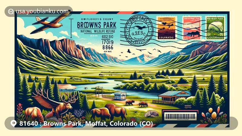 Modern illustration of Browns Park, Moffat, Colorado (CO), depicting natural beauty of Browns Park National Wildlife Refuge, with Colorado state flag and postal elements, emphasizing ZIP code 81640.