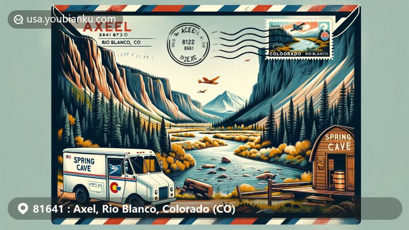 Modern illustration of Axel, Rio Blanco County, Colorado, showcasing Spring Cave amidst the natural beauty of Rio Blanco County, with a postal theme including ZIP code 81641 and Colorado state flag stamp.
