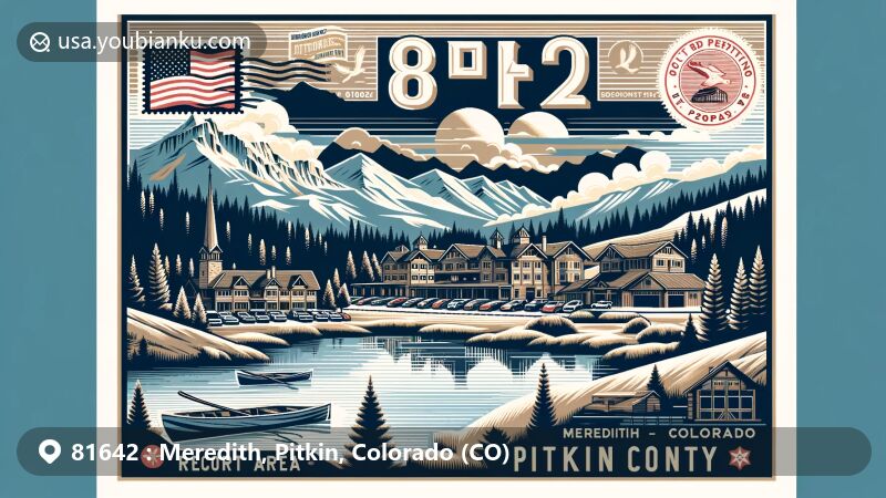 Modern illustration of Meredith, Pitkin County, Colorado, showcasing regional history as a limestone quarry town and lumber camp, with Rocky Mountains in the backdrop and postal elements like vintage postcard layout, ZIP Code 81642, and Colorado state flag stamp.