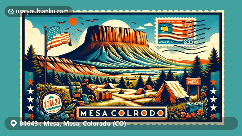 Modern illustration of Mesa, Colorado, showcasing the natural beauty of Grand Mesa and outdoor recreational activities, combined with postal elements for ZIP code 81643.