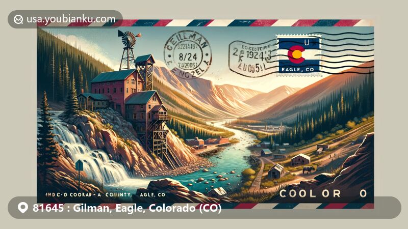Modern illustration of Gilman, Eagle County, Colorado, featuring airmail envelope-style postcard with ZIP code 81645, showcasing abandoned mining town on dramatic cliff above Eagle River near Battle Mountain.