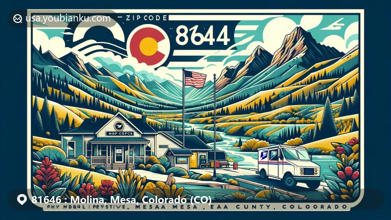 Modern illustration of Molina, Mesa County, Colorado, with postal theme and ZIP code 81646, showcasing Grand Mesa's beauty and community focus, incorporating Colorado's mountainous backdrop and postal elements.