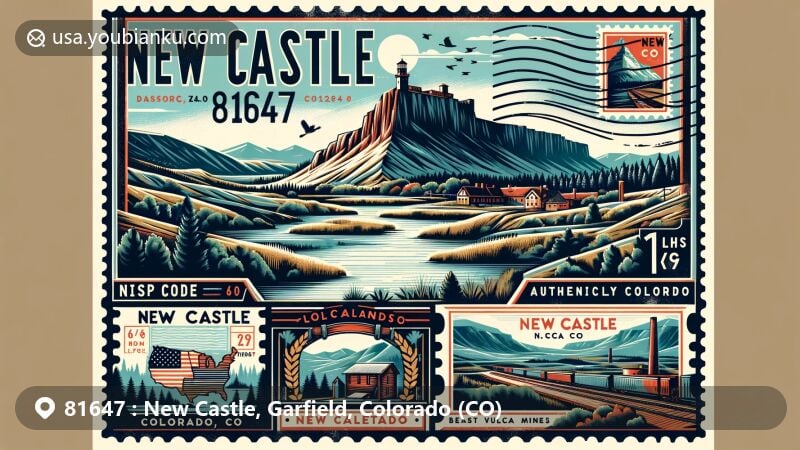 Modern illustration of New Castle, Garfield County, Colorado, focusing on ZIP code 81647, highlighting Colorado River and Grand Hogback, featuring Vulcan Mine and postal theme with retro postcard layout.