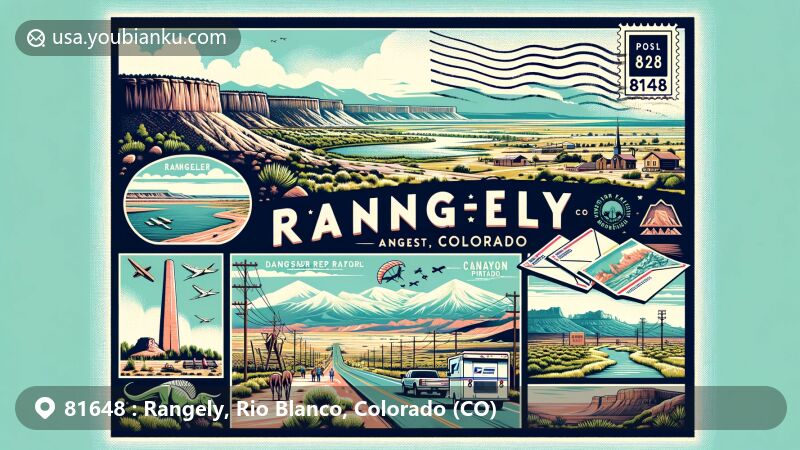 Modern illustration of Rangely, Rio Blanco County, Colorado, focusing on ZIP code 81648, showcasing high desert plateau terrain along the White River with Kenney Reservoir, Dinosaur National Monument, The TANK Center for the Sonic Arts, and Canyon Pintado.