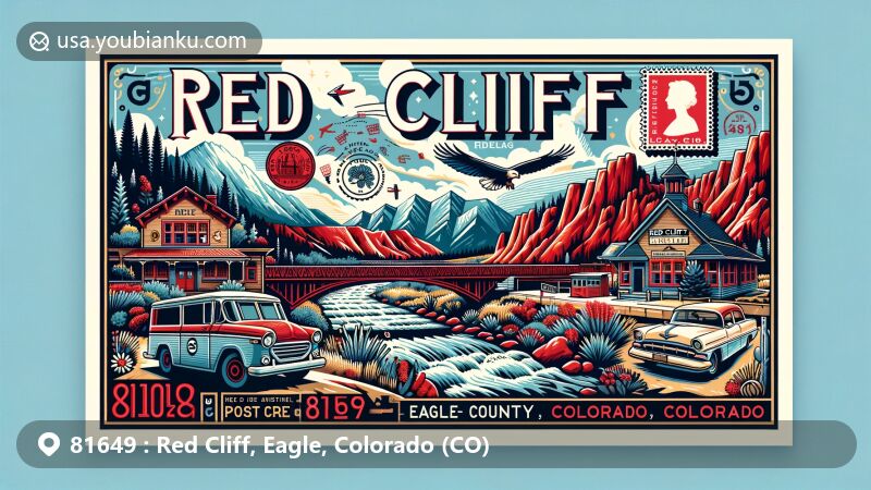 Modern illustration of Red Cliff, Eagle County, Colorado, featuring the Red Cliff Bridge, historical post office, and Rocky Mountains, capturing the town's history and natural beauty.
