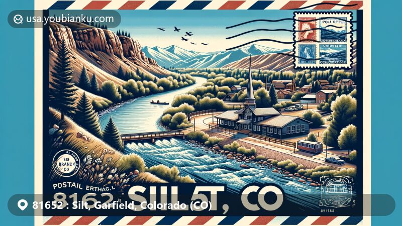 Modern illustration of Silt, Garfield County, Colorado, representing ZIP code 81652, featuring Colorado River, Silt Branch Library, airmail envelope motif with postal elements, and community symbolism.