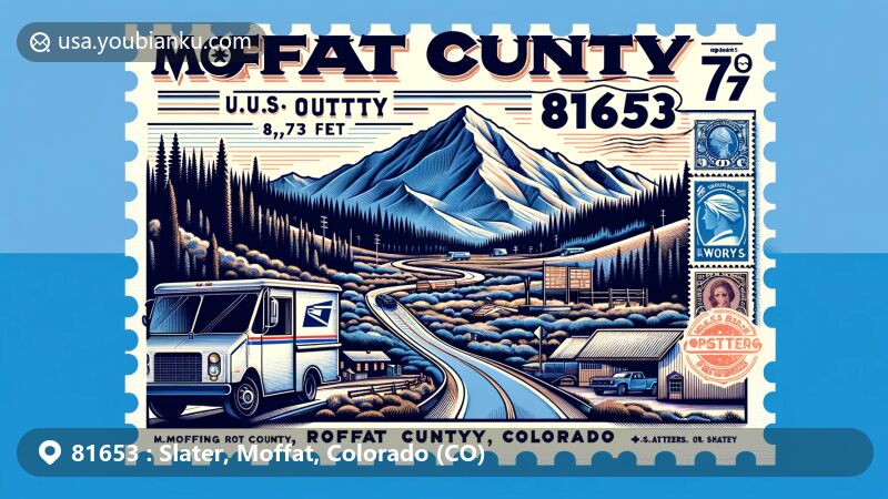 Modern illustration of the Slater area, ZIP code 81653, in Moffat and Routt Counties, Colorado, blending geographical and postal themes with mountainous terrain, U.S. Post Office elements, and state symbols.