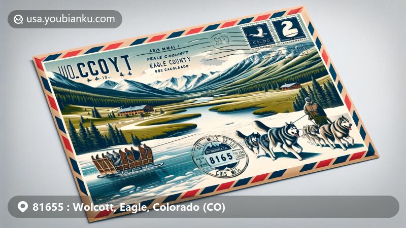 Modern illustration of Wolcott, Eagle County, Colorado, showcasing scenic beauty and postal theme with ZIP code 81655, featuring the Eagle River, Rocky Mountains, dog sledding, Red Sky Golf Club, and vintage postage design elements.