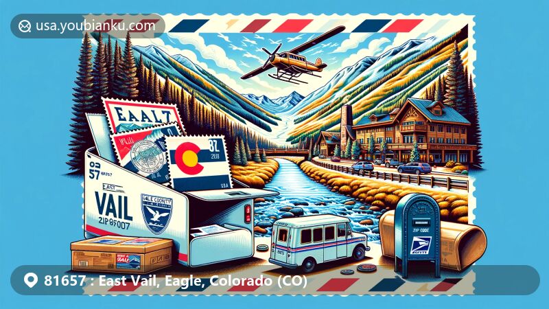 Creative illustration of Vail Ski Resort in East Vail, Eagle County, Colorado, featuring the Eagle River and airmail envelope with Colorado state flag and 81657 ZIP Code stamps.