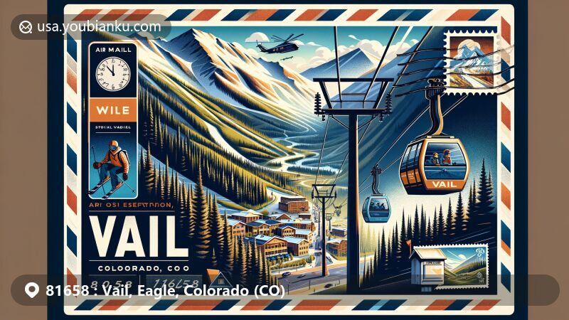 Modern illustration of Vail, Colorado, showcasing famous ski slopes and mountain scenery, including Vail Mountain, Gondola One, skiing, and mountain biking, with views of Gore Range and Mount of the Holy Cross.