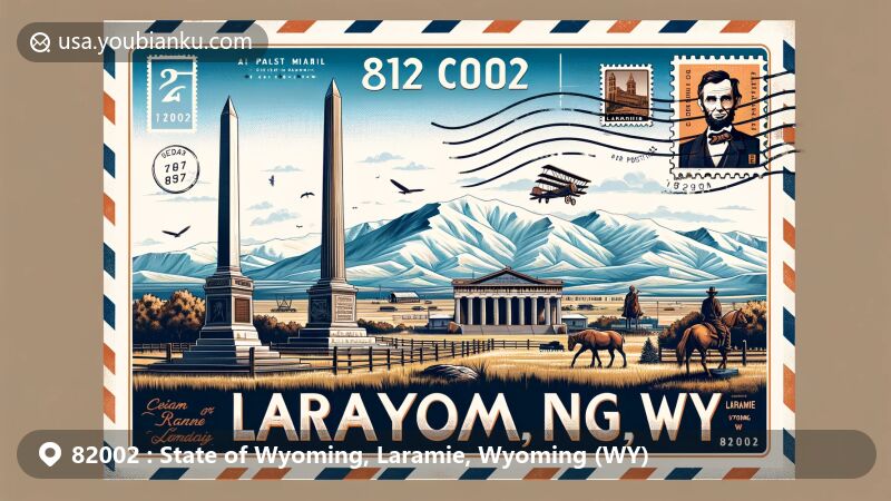 Modern illustration of Laramie, Wyoming, featuring Abraham Lincoln Memorial Monument, Ames Monument, Snowy Range Mountains, western heritage, postal elements, and University of Wyoming symbolism.