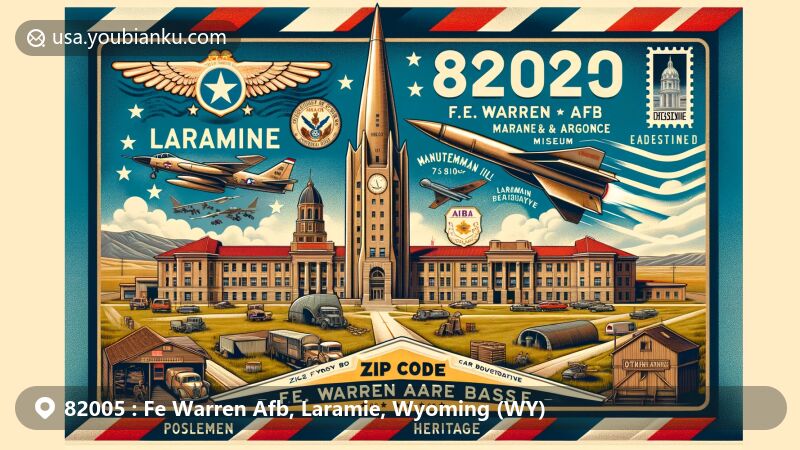 Modern illustration of Fe Warren Afb, Laramie County, Wyoming, incorporating F.E. Warren Air Force Base elements like historical buildings, Marne and Argonne Parade Fields, and F.E. Warren ICBM & Heritage Museum, featuring a Minuteman III missile symbolizing ICBM development, vintage air mail envelope with postal marks and Wyoming State Capitol stamp.
