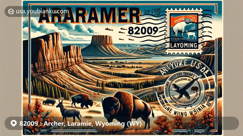 Modern illustration of ZIP Code 82009 in Archer, Laramie, Wyoming, featuring Vedauwoo rock formations, Wyoming state flag, Indian Paintbrush flower, and the iconic Bucking Horse and Rider symbol.