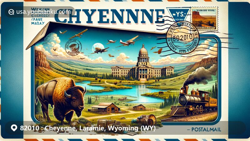 Modern illustration of Cheyenne, Wyoming, featuring vintage airmail envelope with iconic landmarks like the Wyoming State Capitol, Terry Bison Ranch, and Big Boy Steam Engine, set against a backdrop of Curt Gowdy State Park.