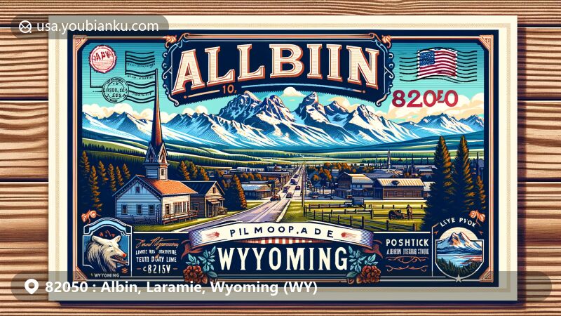 Modern illustration of Albin, Laramie County, Wyoming, highlighting the town charm and surrounding natural beauty, known for outdoor activities like hiking and skiing. Featuring retro postcard layout with prominent '82050' ZIP code, postal theme elements, and 'Albin, Wyoming' inscription, against a backdrop of snowy mountains and Wyoming state symbols.