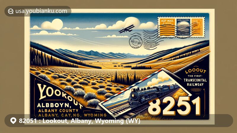 Modern illustration of Lookout, Albany County, Wyoming, highlighting natural beauty with rolling hills, sagebrush, and high meadow grasslands, symbolizing its historical role in the First Transcontinental Railroad. Vintage air mail envelope with postcard showcasing Union Pacific Railroad, ZIP code 82051, and names Lookout, Albany, Wyoming.