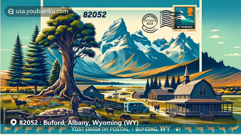 Modern illustration of Buford, Albany County, Wyoming, featuring the Tree in the Rock and the Ames Monument, set against the backdrop of majestic mountain ranges, with a vintage postcard layout displaying ZIP Code 82052, a postal stamp of the Wyoming state flag, and a Buford, WY cancellation mark.