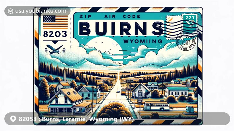 Modern illustration of Burns, Laramie County, Wyoming, showcasing postal theme with ZIP code 82053, featuring small-town allure and Wyoming landscape.