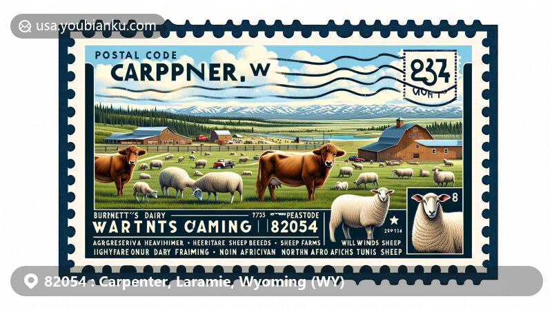 Modern illustration of Carpenter area in Laramie County, Wyoming, showcasing agricultural heritage with Burnett's Dairy cow farming and Wild Winds Sheep Company's Tunisian sheep, creatively featuring postal theme with ZIP code 82054.