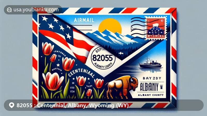 Modern illustration of Centennial, Albany County, Wyoming, featuring airmail envelope with ZIP code 82055, showcasing state flag, bison, tulips, mountain silhouette, and Albany County map.