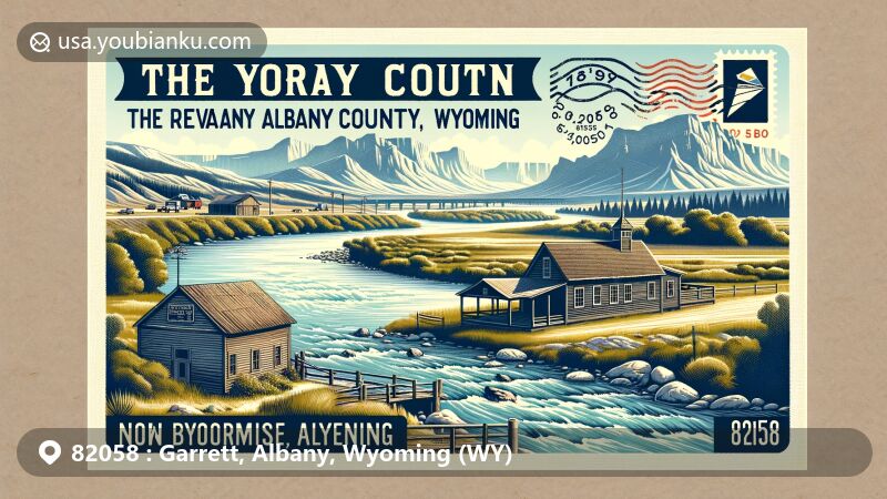 Vivid illustration of Garrett, Platte County, Wyoming, featuring postal theme with ZIP code 82058, River Bridge School, and historic post office.