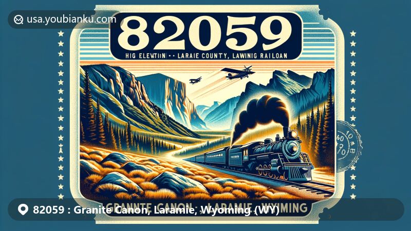 Modern illustration of Granite Canon, Laramie County, Wyoming, blending postal elements with the area's natural features, including mountains, forests, and clear skies, symbolizing the rugged terrain and high elevation. Union Pacific Railroad representation pays homage to Laramie's history and ties to Granite Canon.