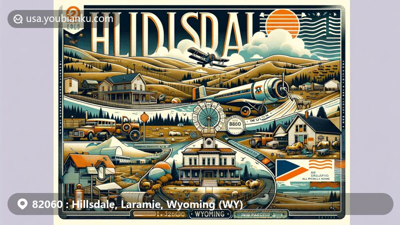 Creative portrayal of Hillsdale, Laramie County, Wyoming, with ZIP code 82060, integrating postal theme featuring rural landscape, 5,640 feet elevation, Wyoming state flag, and historical connections like Union Pacific Railroad and Kenny Sailors.