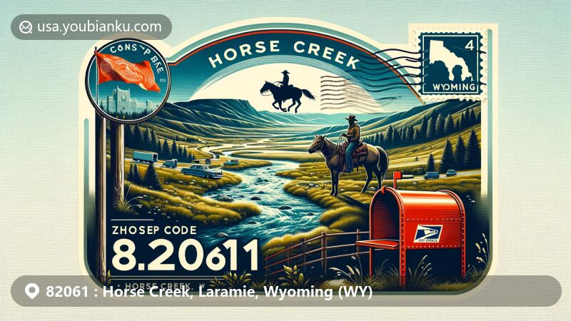 Vibrant illustration of Horse Creek area in Laramie County, Wyoming, blending natural beauty with postal elements, featuring clear waters, rolling hills, state symbols, and cowboy silhouette, all tied together with vintage air mail theme.